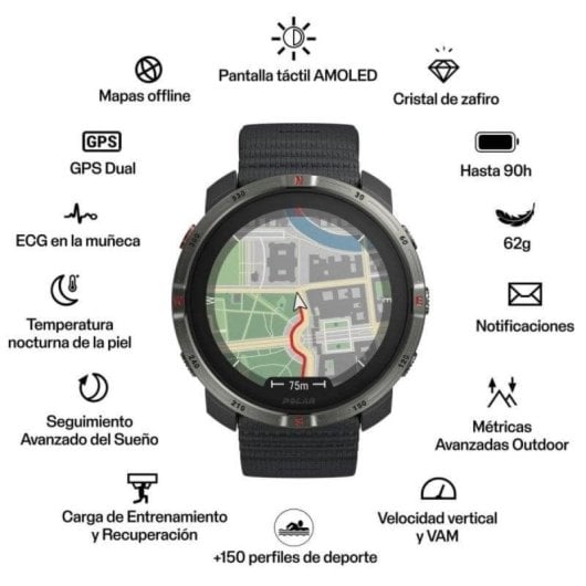 Polar Grit X2 Bluetooth GPS Dual 45mm AMOLED Noir M Étanche 50m Pulsomètre Suivi Sommeil