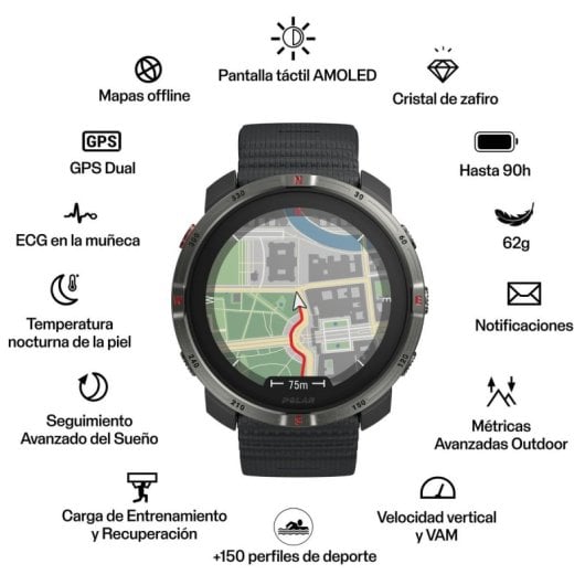 Smartwatch POLAR Grit X2 Bluetooth GPS Dual biosensores pantalla AMOLED mapas a color