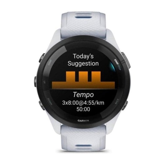 Garmin Forerunner 265 46mm Bisel negro con carcasa en blanco y correa de silicona en blanco/azul