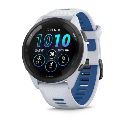 Garmin Forerunner 265 46mm Bisel negro con carcasa en blanco y correa de silicona en blanco/azul