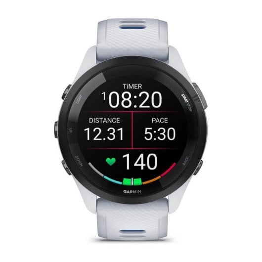 Garmin Forerunner 265 46mm Bisel negro con carcasa en blanco y correa de silicona en blanco/azul