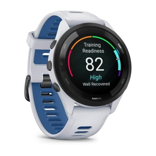 Garmin Forerunner 265 46mm Bisel negro con carcasa en blanco y correa de silicona en blanco/azul