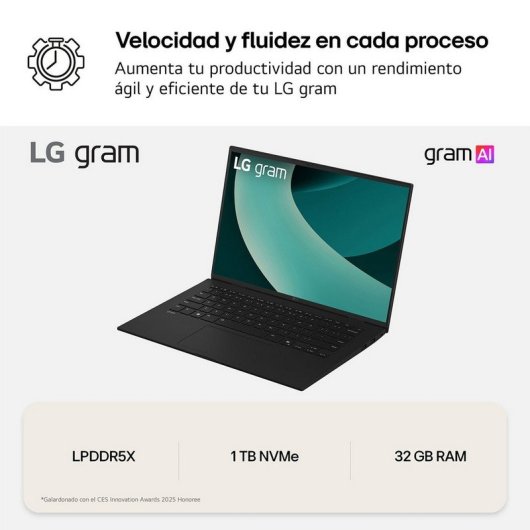 Portátil LG Gram 16Z90T 16" Intel Core Ultra 7 255H 32GB 1TB SSD WQXGA Negro AI WiFi 6E Dolby Atmos