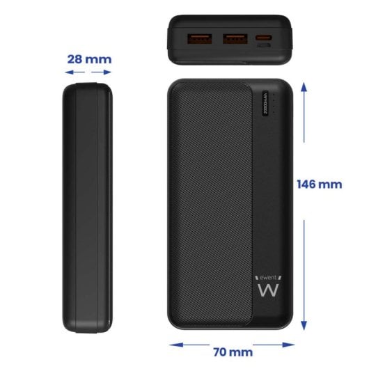 Power Bank Ewent 20000mAh PD 22.5W Polímero de Litio Triple Salida Carga Rápida Negro