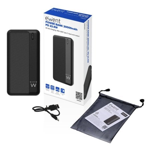 Power Bank Ewent 20000mAh PD 22.5W Polímero de Litio Triple Salida Carga Rápida Negro