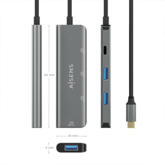 Hub AISENS 4 puertos 10Gbps USB 3.2 Gen2 modelo A109-0764 Gris ultra compacto