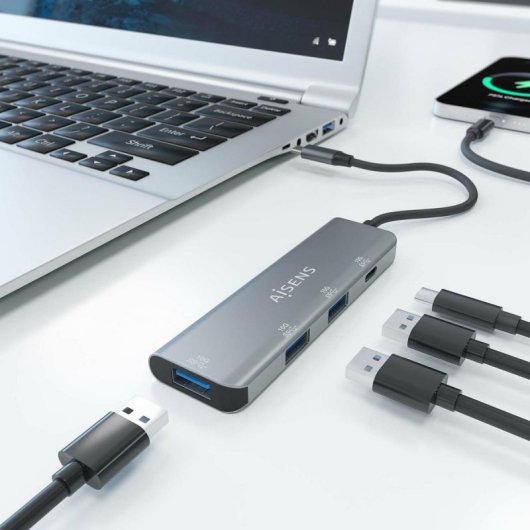 Hub AISENS 4 puertos 10Gbps USB 3.2 Gen2 modelo A109-0764 Gris ultra compacto