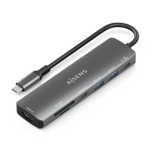Dock USB-C AISENS ASUC-7P026-GR 7 en 1 HDMI 2xUSB-A USB-C PD 100W SD MicroSD Gris 15cm