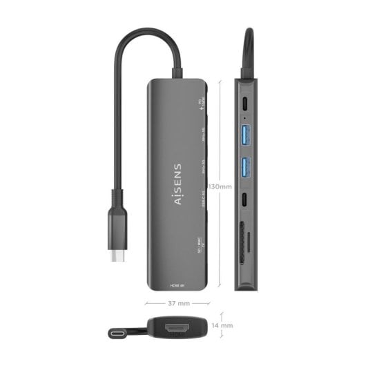 Dock USB-C AISENS ASUC-7P026-GR 7 en 1 HDMI 2xUSB-A USB-C PD 100W SD MicroSD Gris 15cm