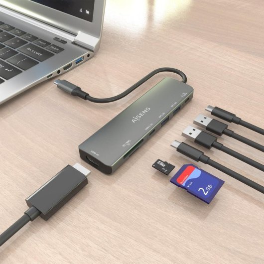Dock USB-C AISENS ASUC-7P026-GR 7 en 1 HDMI 2xUSB-A USB-C PD 100W SD MicroSD Gris 15cm