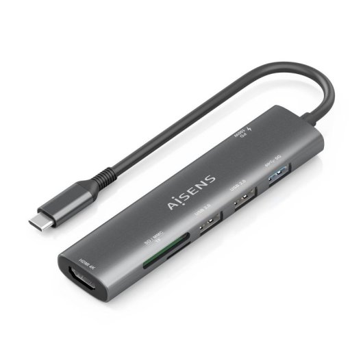 Dock USB-C AISENS ASUC-7P025-GR 7 en 1 HDMI/USB3.0/PD100W/Lector SD/MicroSD Gris 15cm