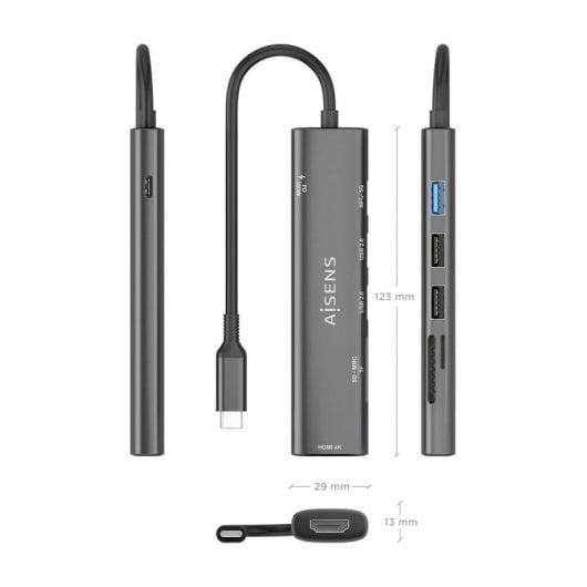 Dock USB-C AISENS ASUC-7P025-GR 7 en 1 HDMI/USB3.0/PD100W/Lector SD/MicroSD Gris 15cm