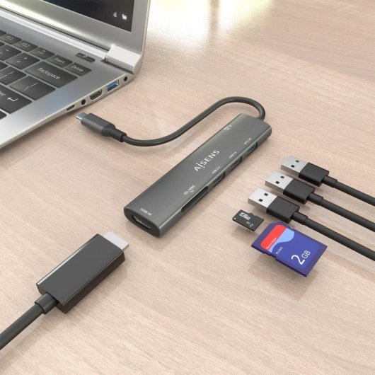 Dock USB-C AISENS ASUC-7P025-GR 7 en 1 HDMI/USB3.0/PD100W/Lector SD/MicroSD Gris 15cm
