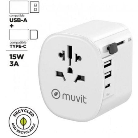 Adaptador Universal de Viaje Muvit For Change MCADP0006 2xUSB-A USB-C 15W Compatibilidad Mundial