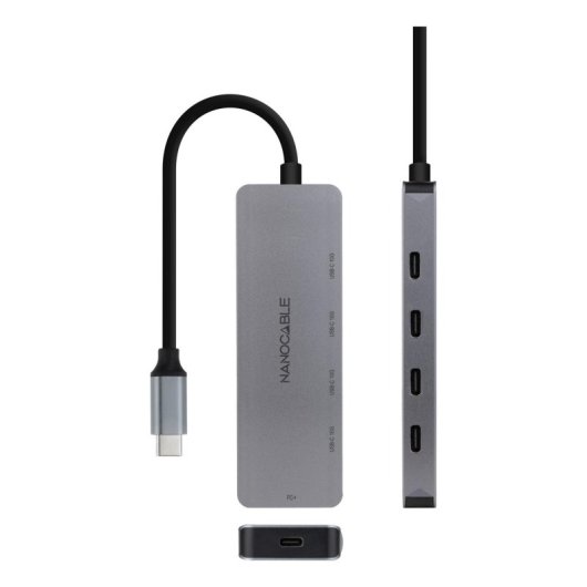 Hub USB-C Nanocable 10.16.4505 4x USB-C 3.2 Gen 2x1 PD 100W Aluminio Gris 10cm