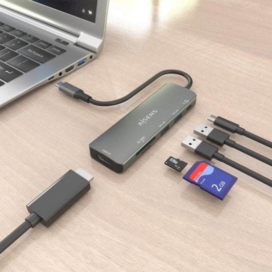 Docking USB-C AISENS ASUC-5P011-GR 1xHDMI 2xUSB-A USB-C PD 100W SD MicroSD Gris 15cm