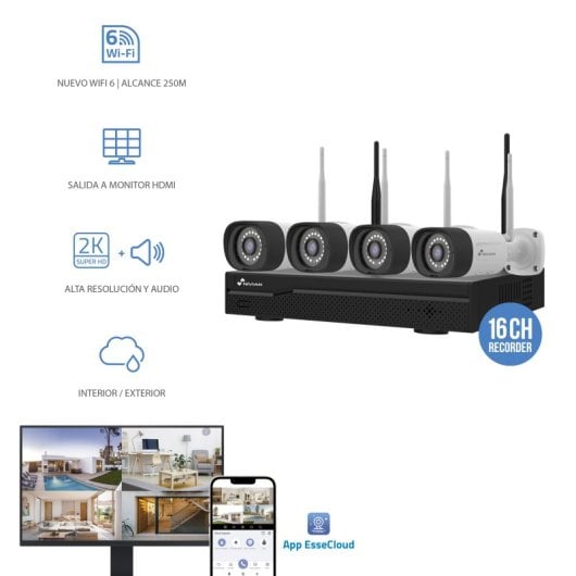 Kit Sorveglianza Professionale NIVIAN WiFi 4 Camere IP Grabador 16CH 2K Dual Night Vision