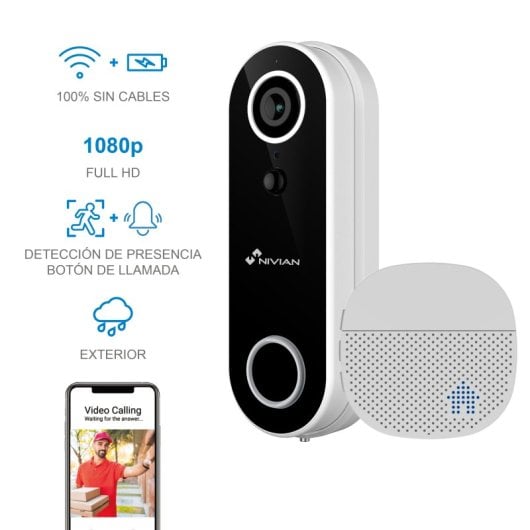 Vídeo Campainha Nivian WiFi 2.4Ghz Full HD Detecção Movimento Bateria Recárregável