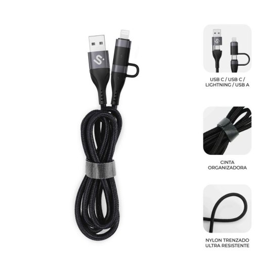 Cable SUBBLIM TOP 4 in 1 USB-A/USB-C/Lightning 1m 60W Carga Rápida Nylon Trenzado Negro