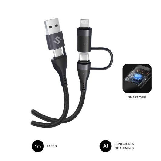 Cable SUBBLIM TOP 4 in 1 USB-A/USB-C/Lightning 1m 60W Carga Rápida Nylon Trenzado Negro