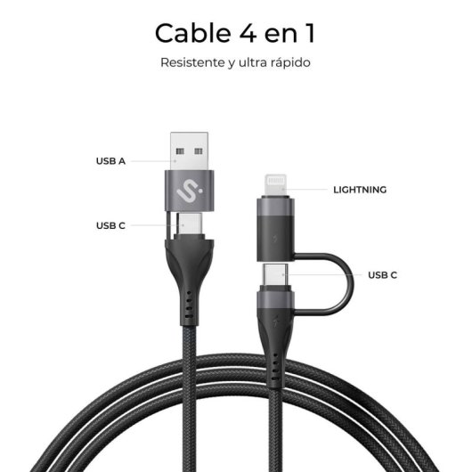 Cable SUBBLIM TOP 4 in 1 USB-A/USB-C/Lightning 1m 60W Carga Rápida Nylon Trenzado Negro