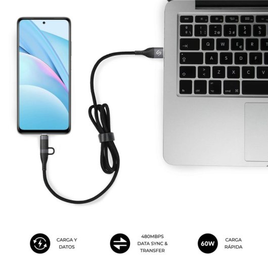 Cable SUBBLIM TOP 4 in 1 USB-A/USB-C/Lightning 1m 60W Carga Rápida Nylon Trenzado Negro
