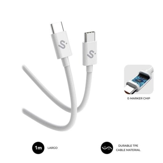 Cable USB-C Subblim PLUS 100W 1m Carga Rápida PD3.0 QC3.0 E-Marker Transferencia 480Mbps Blanco
