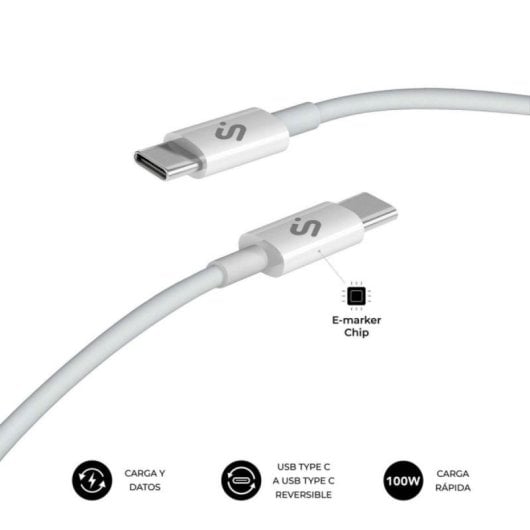 Cable USB-C Subblim PLUS 100W 1m Carga Rápida PD3.0 QC3.0 E-Marker Transferencia 480Mbps Blanco