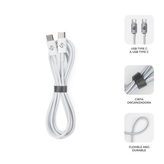USB-C Kabel Subblim PLUS 100W PD 3.0 QC 3.0 1m Nylon Weiß USB 2.0 480Mbps USB-C zu USB-C