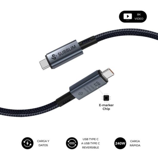 Cable USB-C Subblim HIGH USB4.0 240W 1,5m 40Gbps 8K Nylon Trenzado Aluminio E-Marker