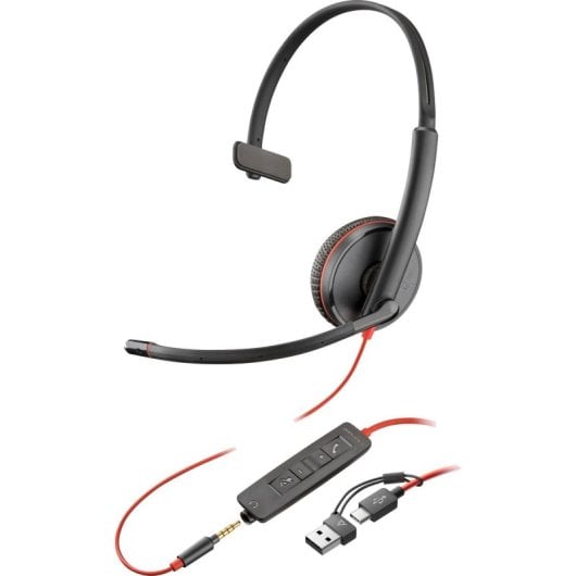 Auricular Poly Blackwire 3215 Mono USB-C 3,5mm Adaptador USB-C/A Micrófono Flexible Negro