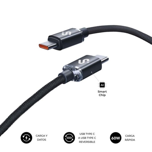 Cable USB-C Subblim Optimus 2m 60W PD Nylon Trenzado Aluminio 480Mbps Negro