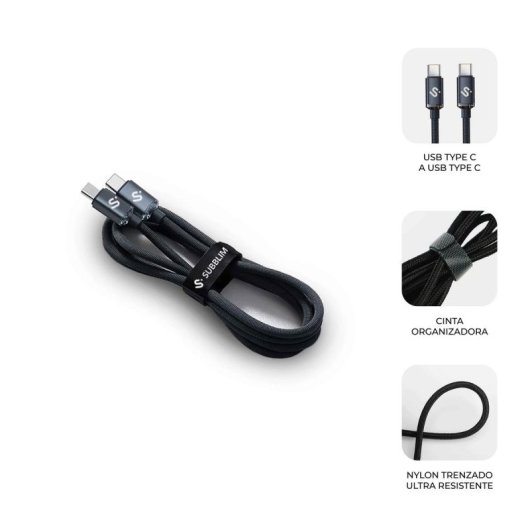 Cable USB-C Subblim Optimus 2m 60W PD Nylon Trenzado Aluminio 480Mbps Negro