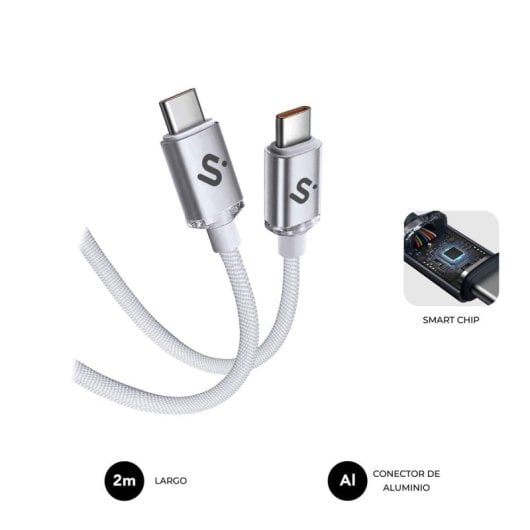 Cavo USB C SUBBLIM Optimus 60W 2m Nylon Transferimento 480Mbps Bianco Cavo USB C SUBBLIM Optimus 60W 2m Nylon Transferimento 480Mbps Bianco