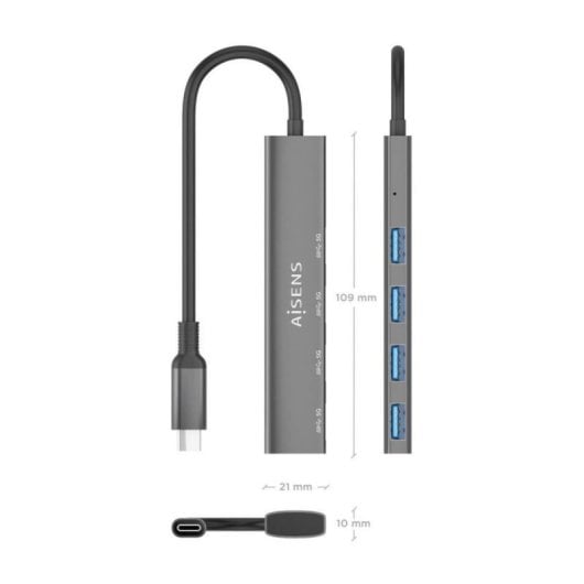 Hub USB AISENS A106-0540 4 Puertos USB 3.1 Gen1 USB-C 5Gbps Protección SobreCorriente Gris 15cm