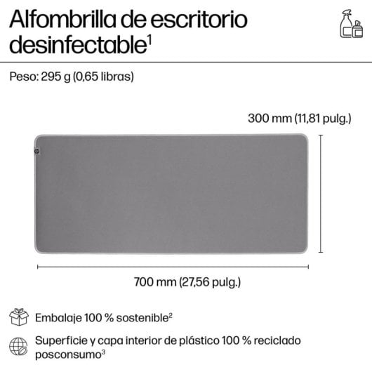 Alfombrilla de escritorio HP 200 Sanitizable 700x300 mm Gris Monocromo antideslizante