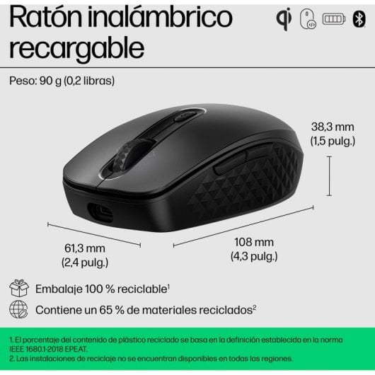 Ratón HP inalámbrico recargable, 6 Botones Ajustables, Bluetooth, 4000 PPP, Rueda Inclinable, Negro