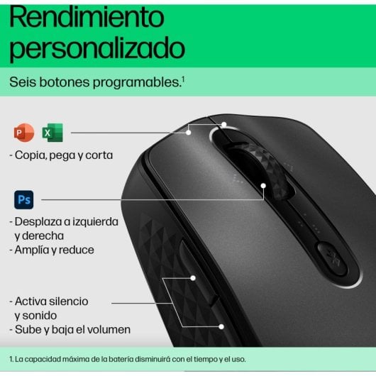 Ratón HP inalámbrico recargable, 6 Botones Ajustables, Bluetooth, 4000 PPP, Rueda Inclinable, Negro