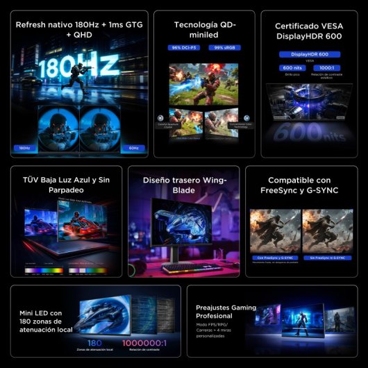 TCL 27G64 27" Monitor VA MiniLED QHD 180Hz HDR600 com Altura Ajustável e FreeSync