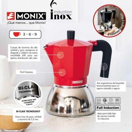 Máquina de café italiana Monix Induction Inox M863106 370 ml 6 xícaras apta indução vermelha