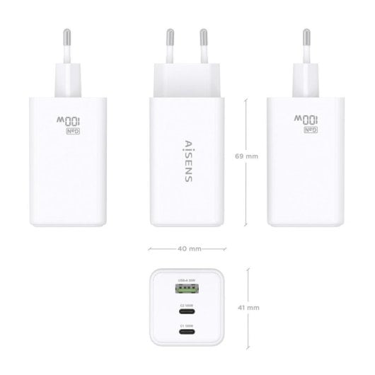 Cargador GaN AISENS ASCH-100W3P051-W 100W 2x USB-C PD/QC 1x USB-A QC Blanco