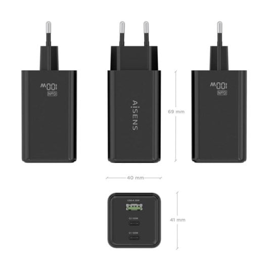 Ladegerät AISENS ASCH-100W3P052-BK 100W 2xUSB-C 1xUSB-A GaN Ladegerät