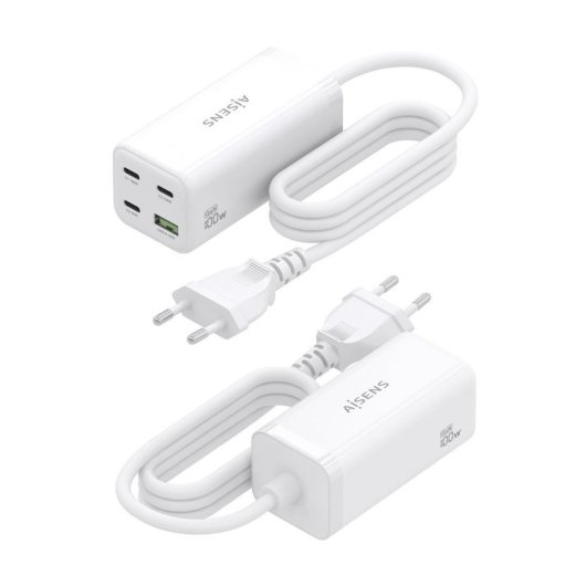 Cargador de Sobremesa AISENS ASCH-100W4P053-W GaN 100W 3xUSB-C PD/QC PPS 1xUSB-A QC3.0 Blanco
