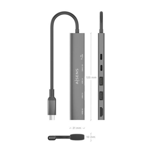Dock USB-C AISENS ASUC-5P022-GR 1x HDMI 2x USB-A 1x USB-C Datos 1x USB-C PD 100W Gris 15cm