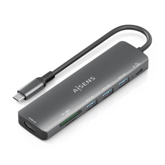 Dock USB-C AISENS ASUC-7P025-GR 1xHDMI 3xUSB-A PD 100W SD MicroSD Gris 15cm