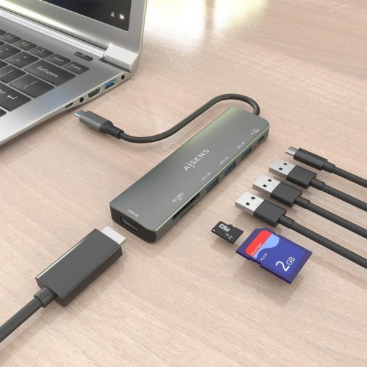 Dock USB-C AISENS ASUC-7P025-GR 1xHDMI 3xUSB-A PD 100W SD MicroSD Gris 15cm