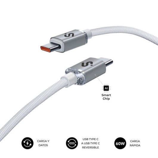 Cable USB C Subblim Optimus 1m Blanco 60W Nylon Trenzado 480Mbps PD Fast Charge