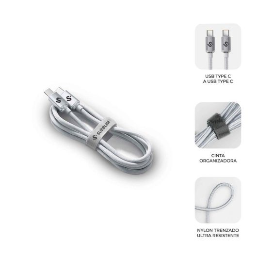Cable USB C Subblim Optimus 1m Blanco 60W Nylon Trenzado 480Mbps PD Fast Charge