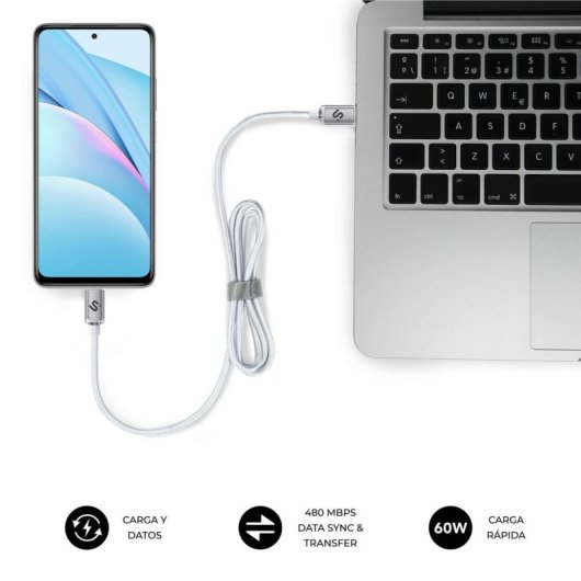 Cable USB C Subblim Optimus 1m Blanco 60W Nylon Trenzado 480Mbps PD Fast Charge