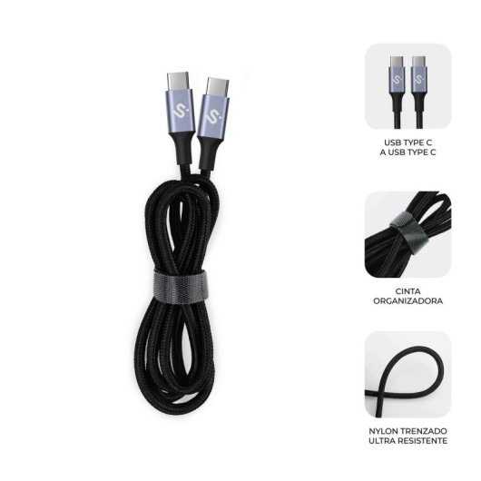 Cable SUBBLIM PLUS USB-C a USB-C 1m 100W Nylon Trenzado E-Marker Carga Rápida Negro